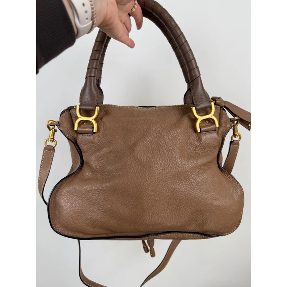 Chloe Marcie Medium Double Carry Satchel Bag in Grained Leather in Nut
